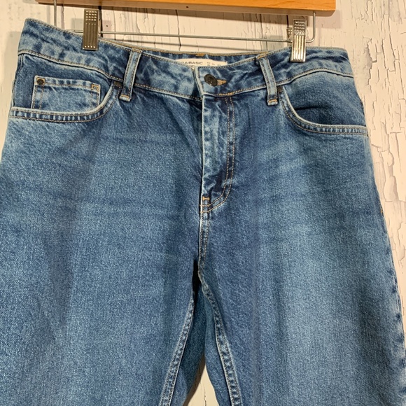 Zara Blue Medium Wash Sequins Bottom Straight Cropped Jeans Sz 8 EUC - Picture 7 of 14